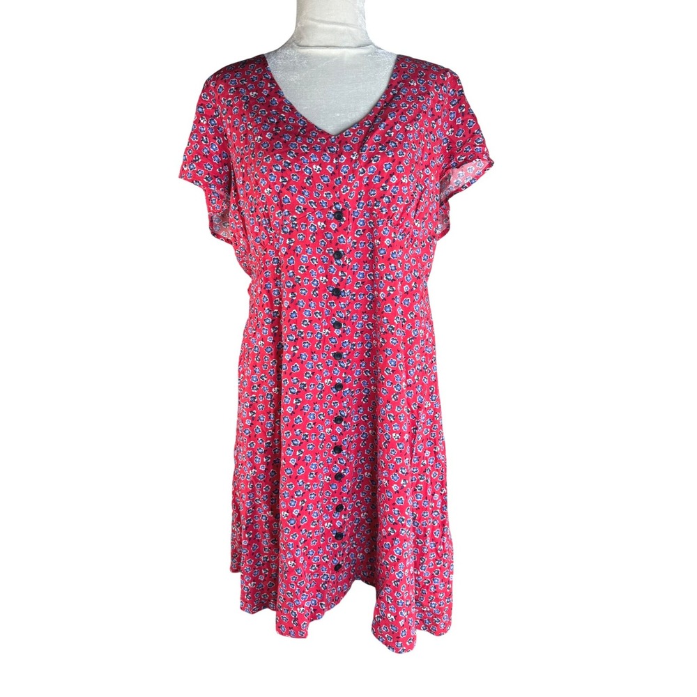 Red Floral Button Front V-Neck Midi Dress Short Sleeve Keyhole Back Women Small